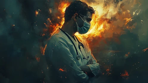 Masked clinician in infernal turbulence, stress visualized precisely.