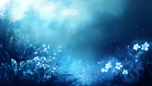 Bioluminescent meadow rendered in cool atmospheric blue gradients
