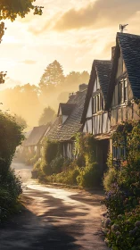 Sunlit English cottages line misty village lane at dawn