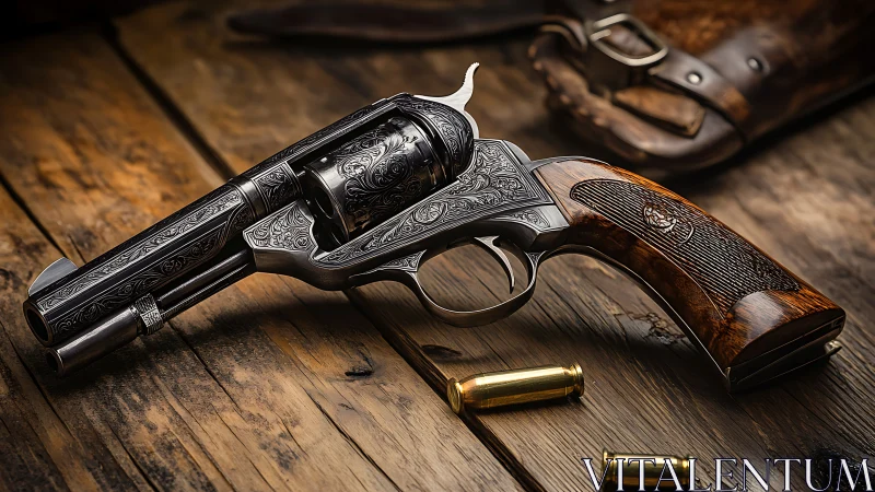 Engraved revolver with wooden grip rests on worn wood surface