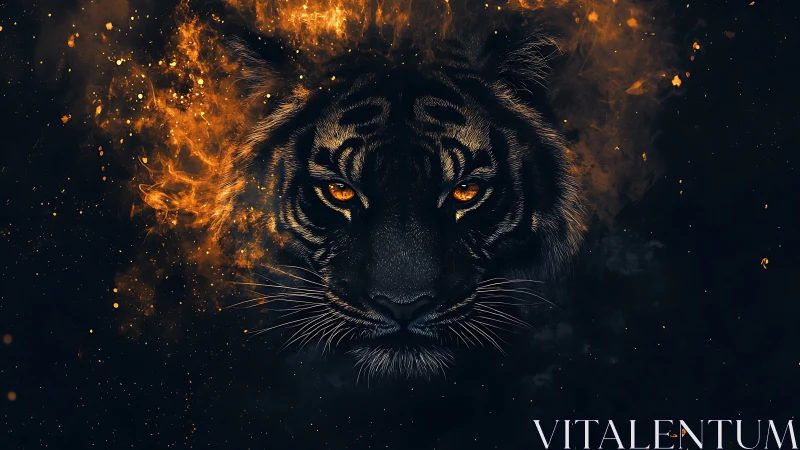 Tiger portrait emerging from dark background with fire glow.