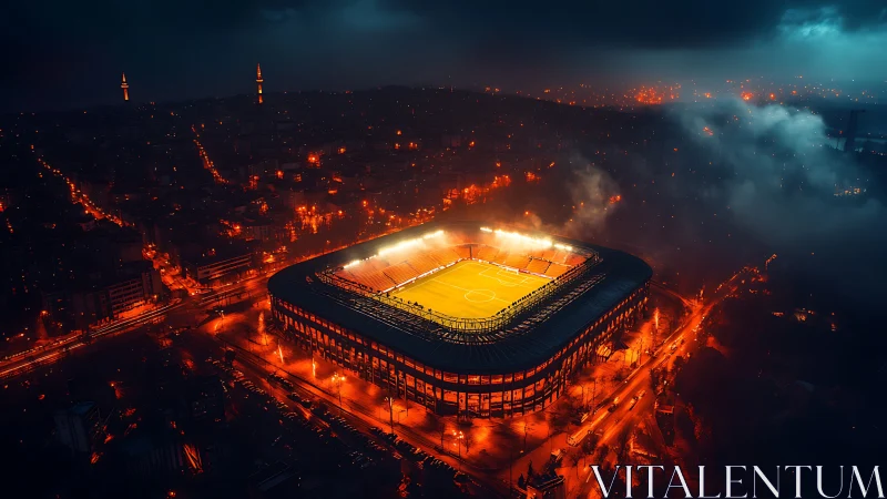 Nocturnal football stadium under cinematic urban fog glow.
