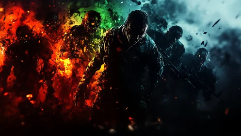 Silhouetted figures advance through divided color fields