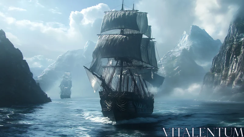 Majestic square-rigged galleon navigates misty glacial fjord