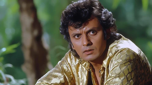 Portrait captures intense male gaze in lush outdoor setting