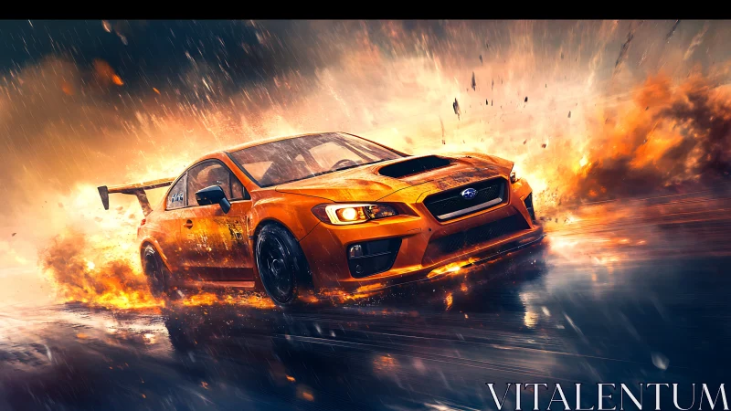Blazing orange street racer carving through storm and fire.