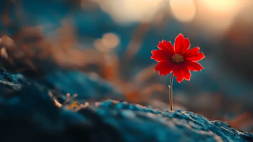 Single red flower on rocky surface in soft sunset light.