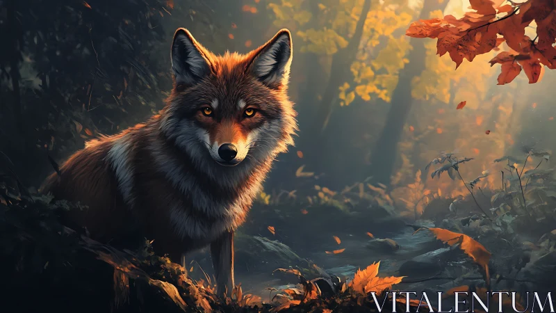 Autumn forest fox under volumetric light scattering study.