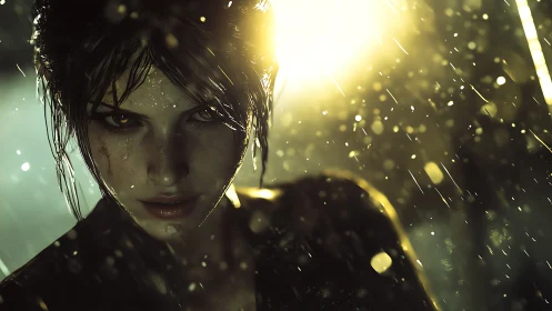 Wet-haired woman in rain with strong backlight illumination.