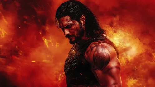 Digital painting of warrior hero against infernal backdrop.