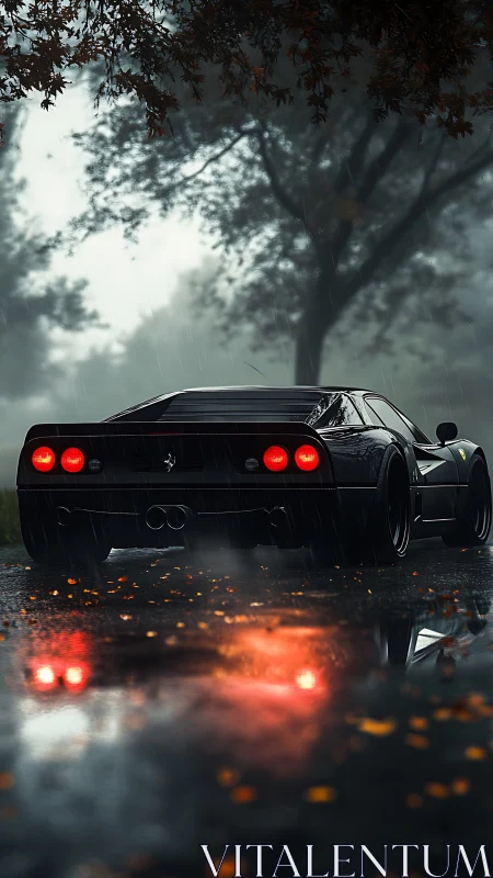 Rear view of black sports car on wet forest road in rain.