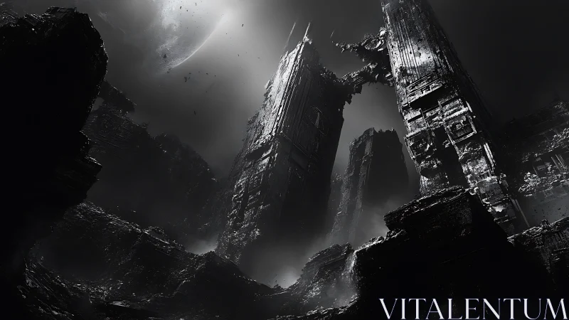 Ruined monolithic towers beneath distant moonlit sky.