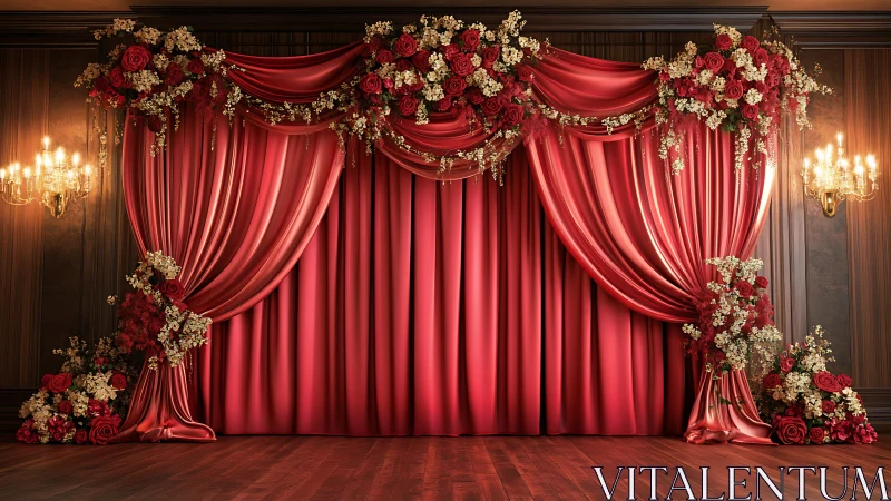 Romantic red stage curtain framed with glowing florals.
