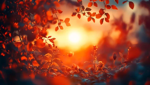 Backlit foliage silhouettes framing low warm sunset disk.