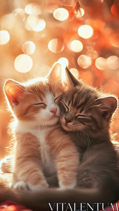 Two Kittens Embrace in Warm Golden Light.