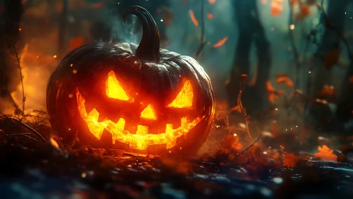 Glowing jack-o’-lantern grinning warmly in a misty forest.