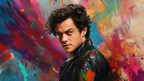Male portrait is set against saturated abstract paint field