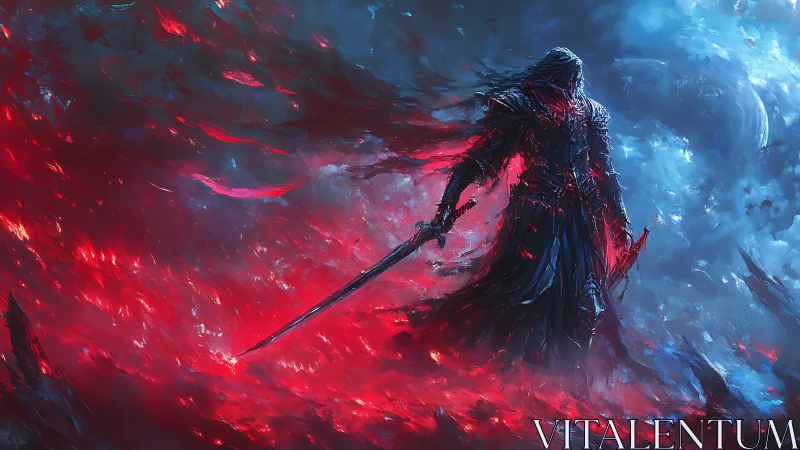 Armored void knight in bifurcated red blue astral maelstrom