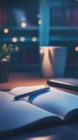 Night desk journal with pen, mug, bokeh lights glow.