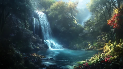 Mystic forest waterfall pours into luminous blue pool.