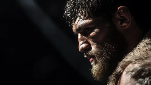 Storm-lit warrior profile carved in sweat and shadowed grit.