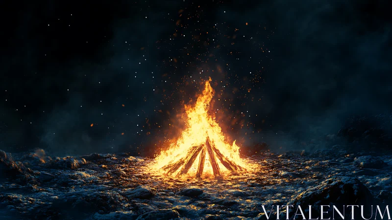 Radiant Bonfire Erupting Against Starlit Night Sky