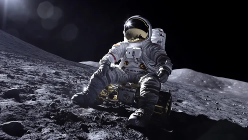 Lone astronaut resting on moon surface under stark starlight.