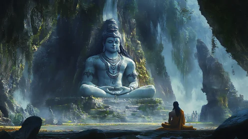 Mountain cavern Shiva colossus and lone seeker in dawn hush.