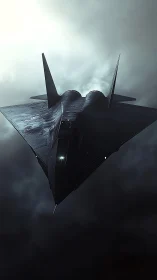 Stealth aircraft with angular wings in overcast sky.