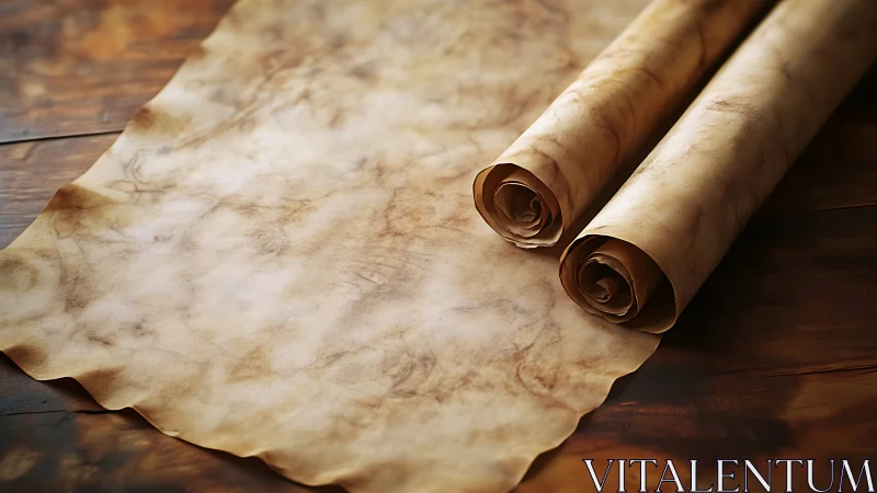 Rolled parchment sheets on wooden surface in soft light.