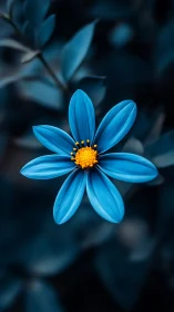 Vivid Blue Daisy with Golden Center in Moody Darkness