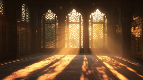 Sunlit arabesque windows casting patterned golden rays.
