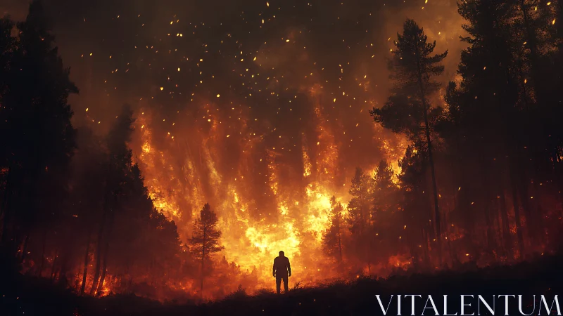 Solitary Figure Positioned Before Large-Scale Wildfire