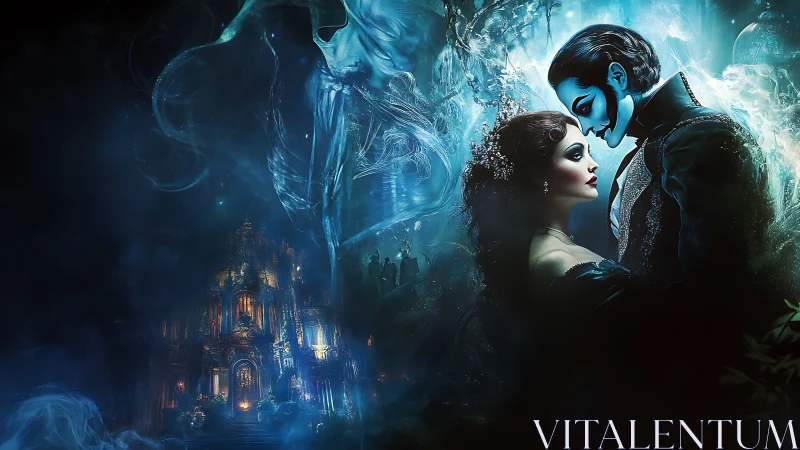 Masked blue man embraces woman in glowing gothic scene