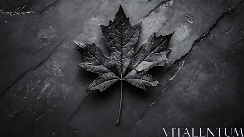 Monochrome maple leaf on textured slate stone surface.
