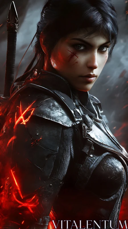 Battle-scarred warrior in burning black plate armor. Period.