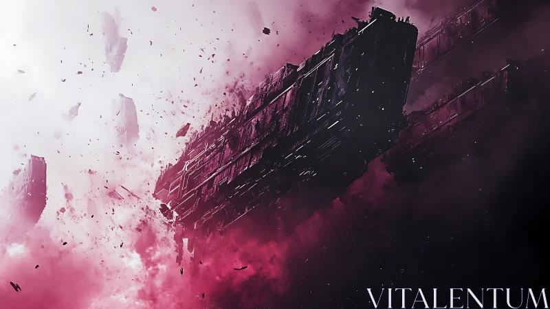 Colossal starwreck drifting through a ruptured crimson nebula.