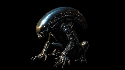 Midnight biomech guardian crouched in glossy shadowed calm.