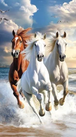 Galloping horses surge through ocean surf at sunset.