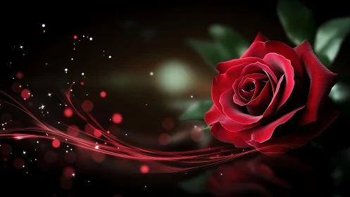 Vibrant Red Rose Blooms Among Glowing Energy Waves.