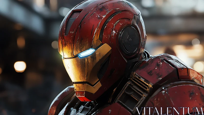 Battle-worn red armored mech helmet with glowing visor detail.