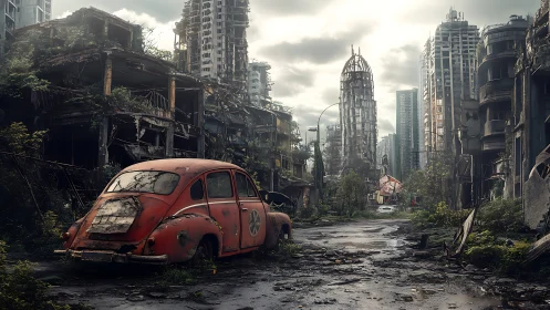 Rusting red car haunts overgrown postwar city ruins.