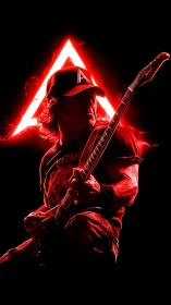 Red neon guitar hero ignites a blazing triangular stage aura.