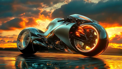 Futuristic chrome motorcycle against blazing sunset horizon.