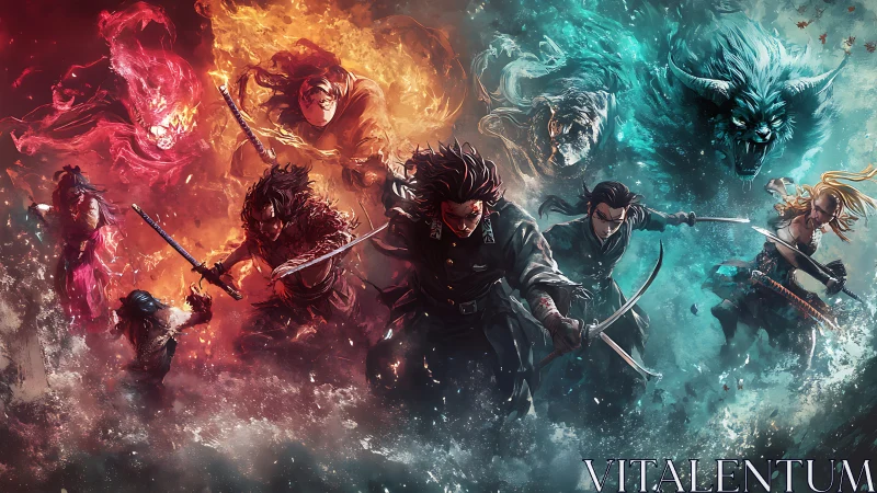 Elemental warriors charging in fiery and icy spectral storm.