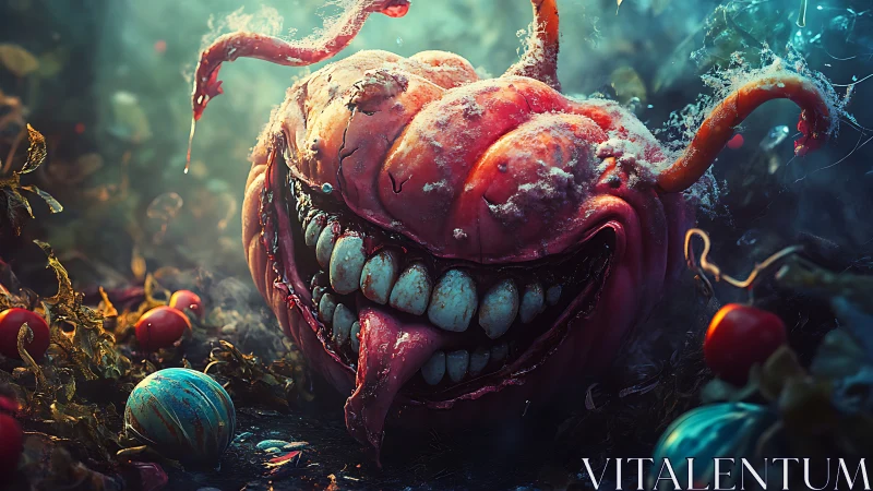 Grotesque mutant pumpkin grins in a dark enchanted garden.