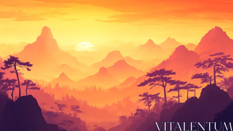 Sunlit misty mountains glow under radiant amber sky.
