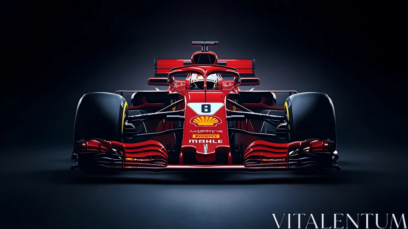 Scarlet Formula One racer under dramatic studio lighting.