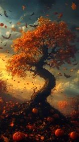 Autumnal fantasy tree with pumpkins in dramatic sunset light.