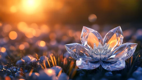 Crystal lotus with refractive petals illuminated by warm sunset bokeh